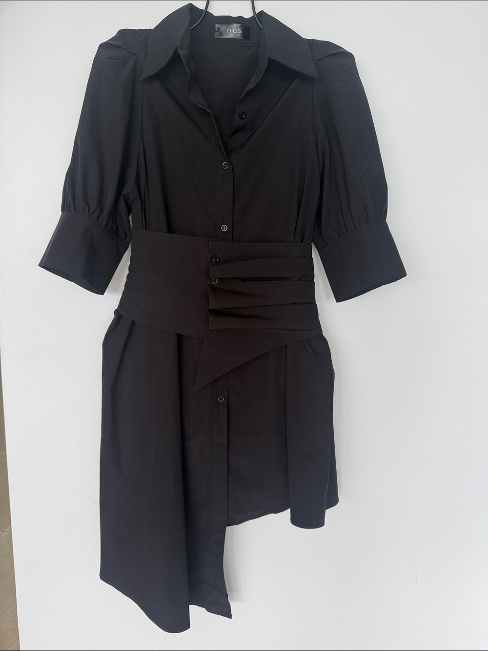 Black Asymmetrical Shirt Dress with Wide Waist Panel by